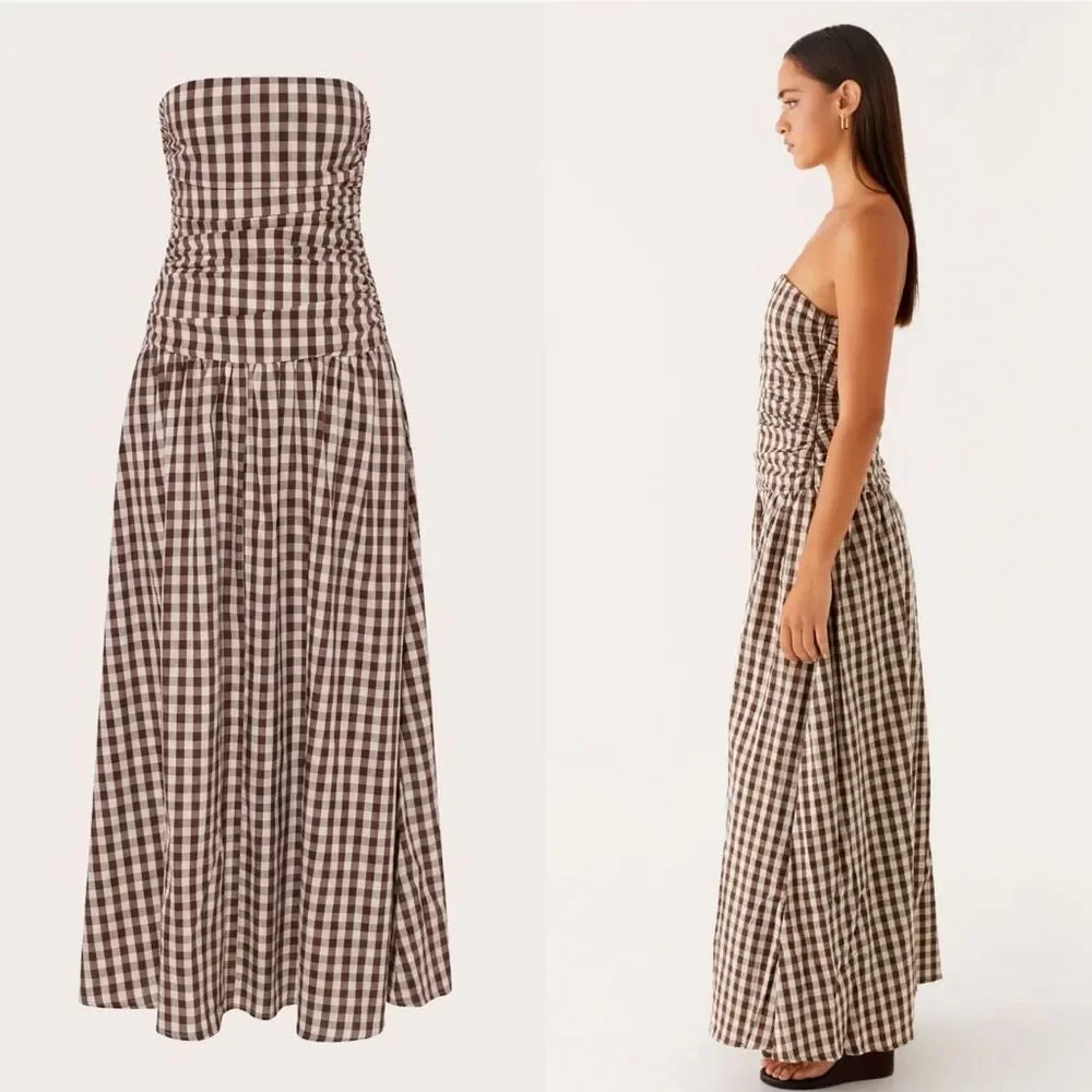 Peppermayo Carmel Strapless Maxi Dress in Brown Gingham Size 4